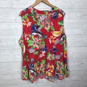 Crown & Ivy Women's 3X Linen Blend V Neck Tank Top Tropical Print Tassels Red